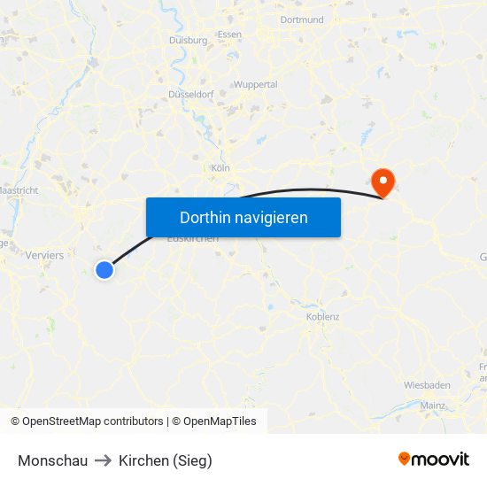 Monschau to Kirchen (Sieg) map