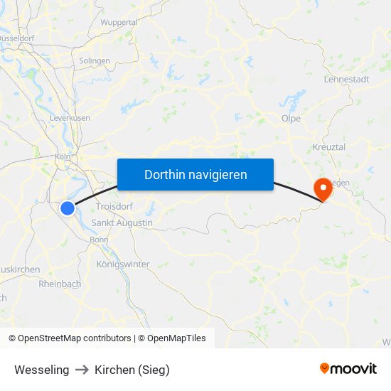 Wesseling to Kirchen (Sieg) map