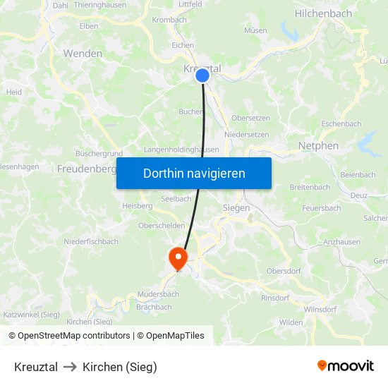 Kreuztal to Kirchen (Sieg) map