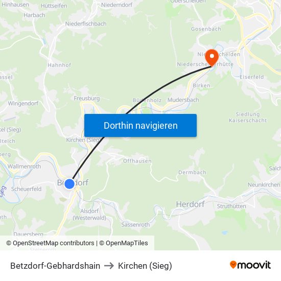 Betzdorf-Gebhardshain to Kirchen (Sieg) map