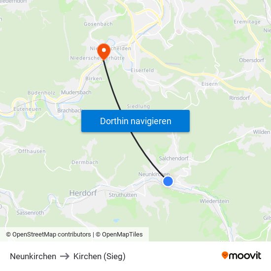 Neunkirchen to Kirchen (Sieg) map