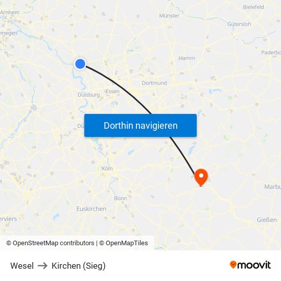 Wesel to Kirchen (Sieg) map