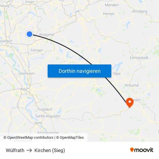 Wülfrath to Kirchen (Sieg) map