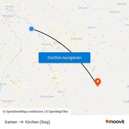 Xanten to Kirchen (Sieg) map