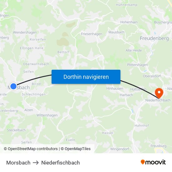 Morsbach to Niederfischbach map