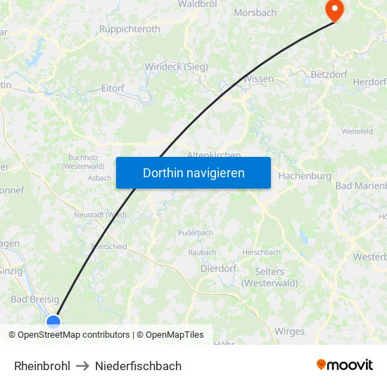 Rheinbrohl to Niederfischbach map