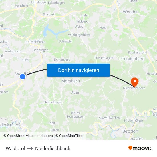 Waldbröl to Niederfischbach map