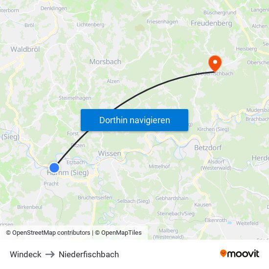 Windeck to Niederfischbach map