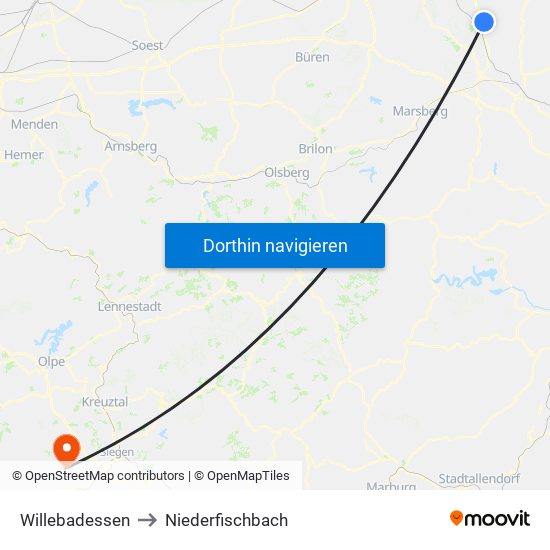 Willebadessen to Niederfischbach map