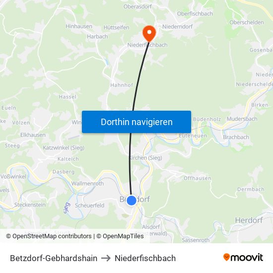 Betzdorf-Gebhardshain to Niederfischbach map