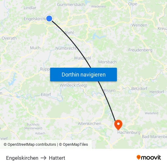 Engelskirchen to Hattert map