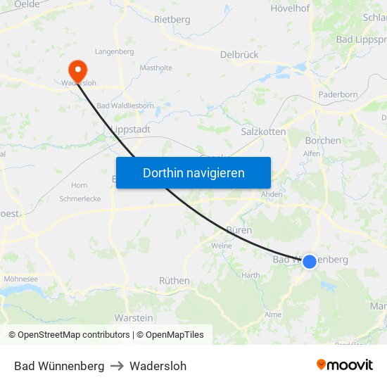 Bad Wünnenberg to Wadersloh map