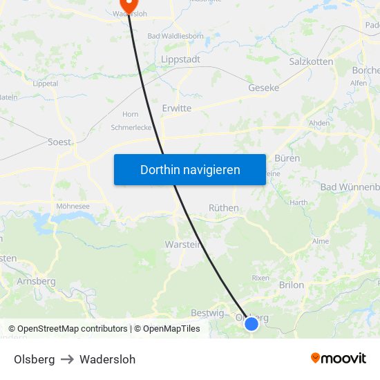 Olsberg to Wadersloh map