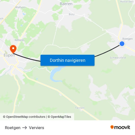 Roetgen to Verviers map