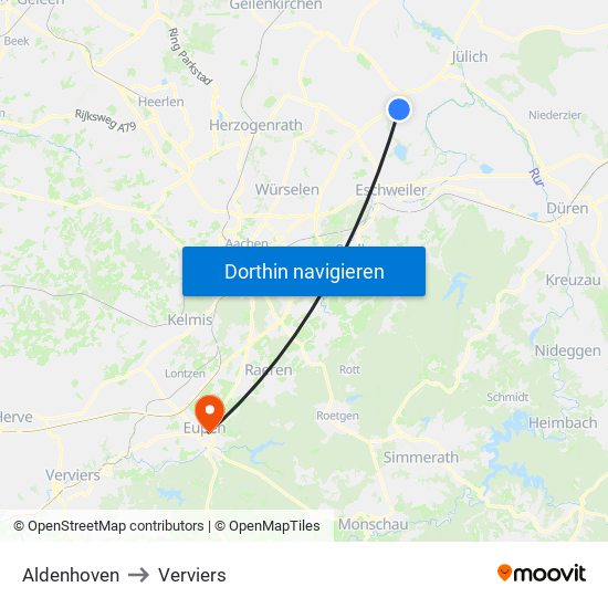 Aldenhoven to Verviers map
