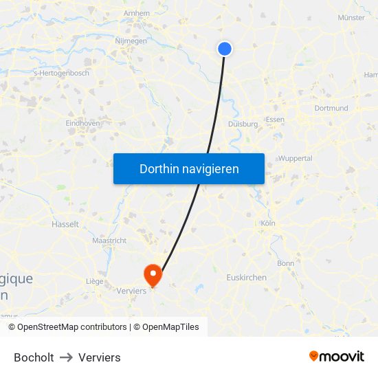 Bocholt to Verviers map