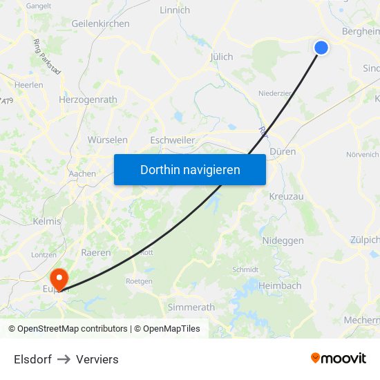 Elsdorf to Verviers map