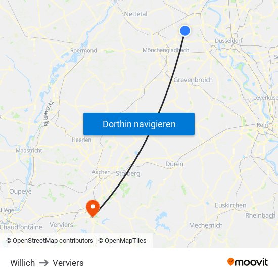 Willich to Verviers map