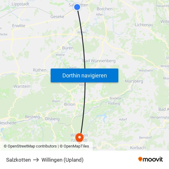 Salzkotten to Willingen (Upland) map