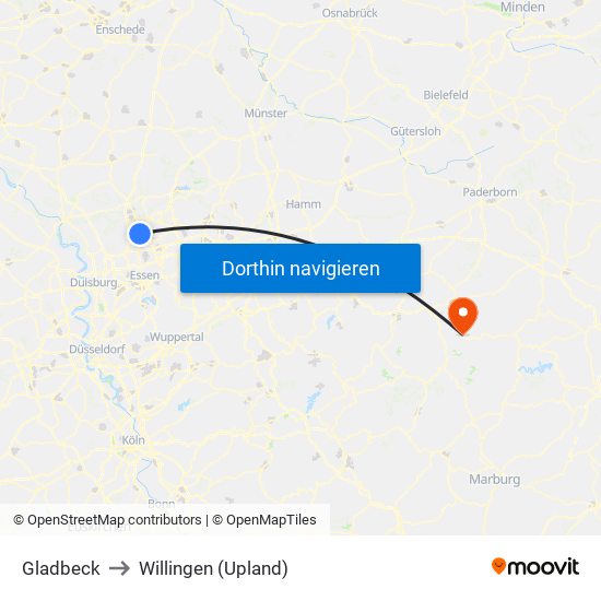 Gladbeck to Willingen (Upland) map