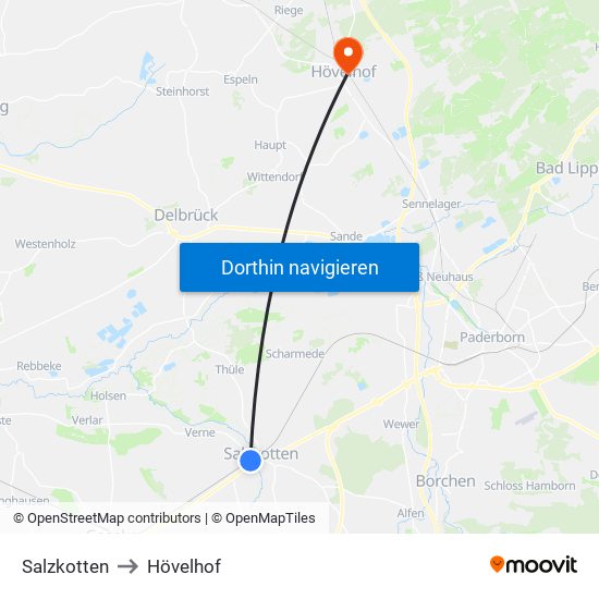 Salzkotten to Hövelhof map