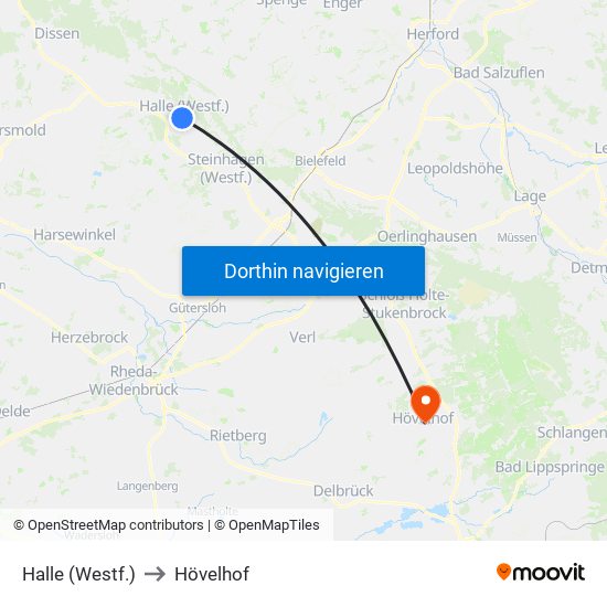 Halle (Westf.) to Hövelhof map