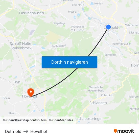 Detmold to Hövelhof map