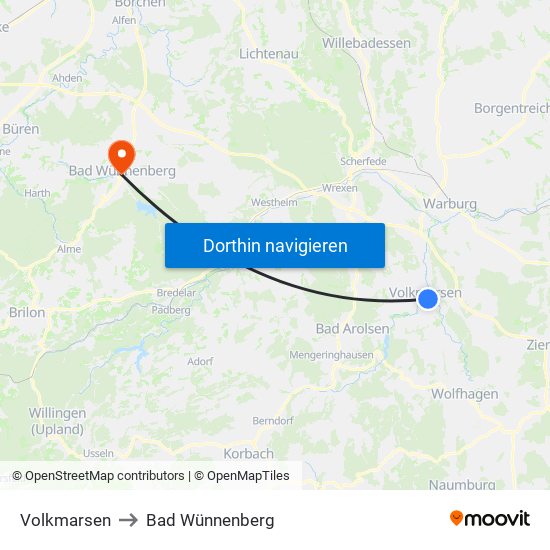 Volkmarsen to Bad Wünnenberg map