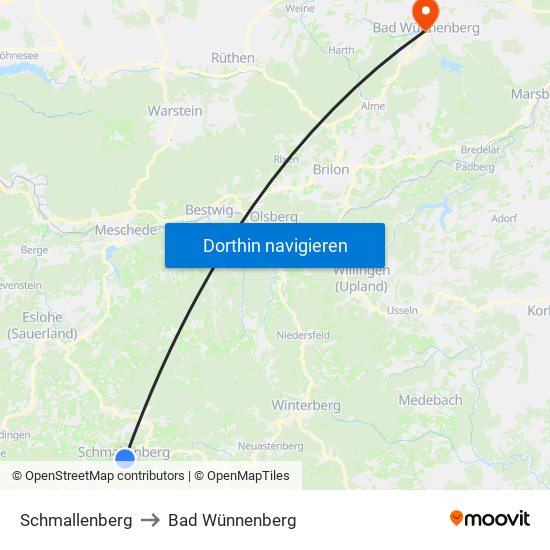 Schmallenberg to Bad Wünnenberg map