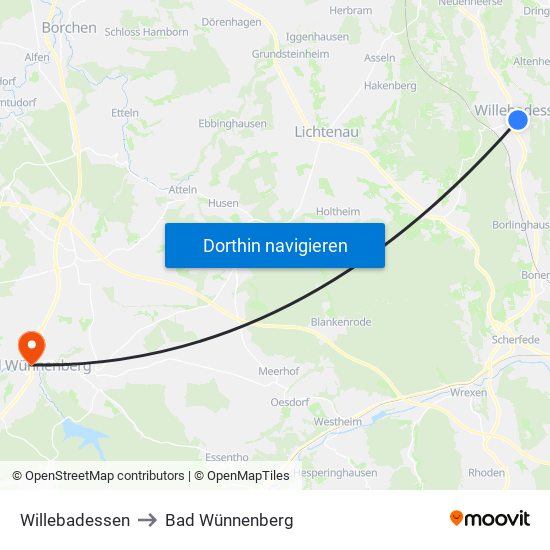 Willebadessen to Bad Wünnenberg map