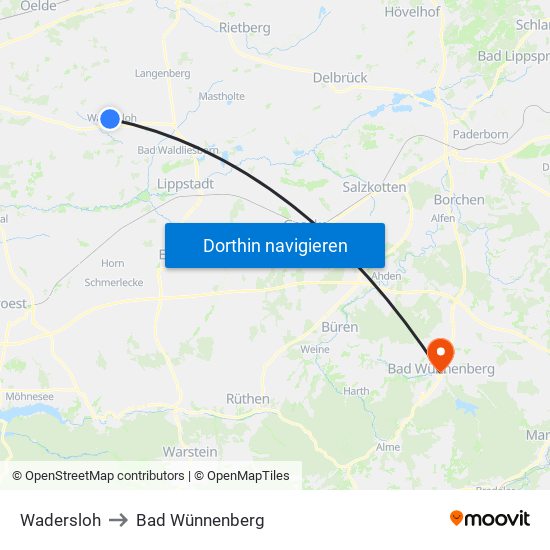 Wadersloh to Bad Wünnenberg map