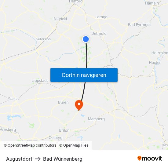 Augustdorf to Bad Wünnenberg map