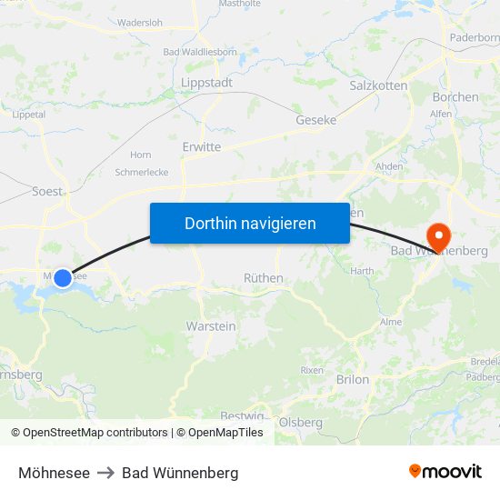 Möhnesee to Bad Wünnenberg map