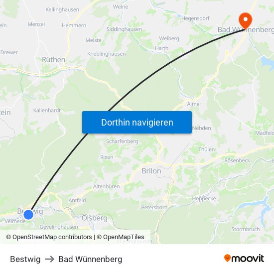 Bestwig to Bad Wünnenberg map