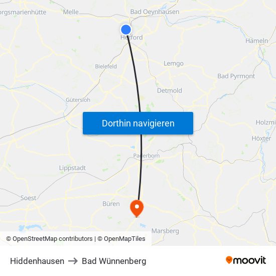 Hiddenhausen to Bad Wünnenberg map