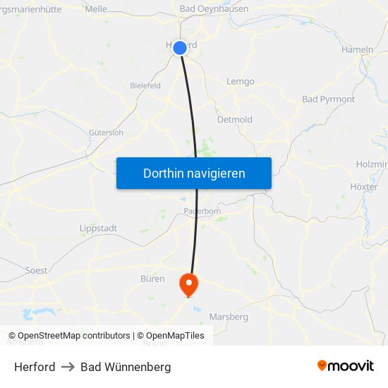 Herford to Bad Wünnenberg map