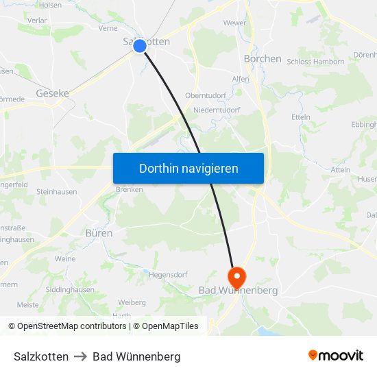 Salzkotten to Bad Wünnenberg map