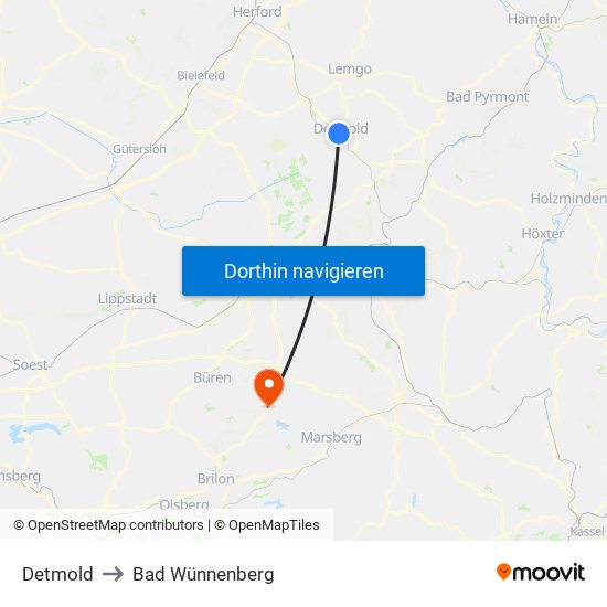 Detmold to Bad Wünnenberg map