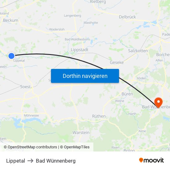 Lippetal to Bad Wünnenberg map