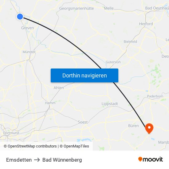 Emsdetten to Bad Wünnenberg map