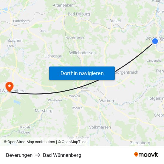 Beverungen to Bad Wünnenberg map