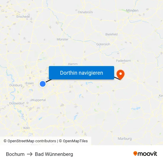 Bochum to Bad Wünnenberg map