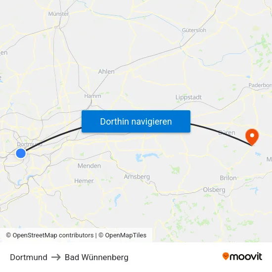 Dortmund to Bad Wünnenberg map
