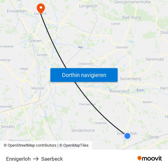 Ennigerloh to Saerbeck map