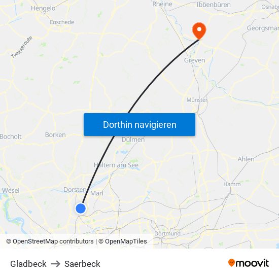 Gladbeck to Saerbeck map