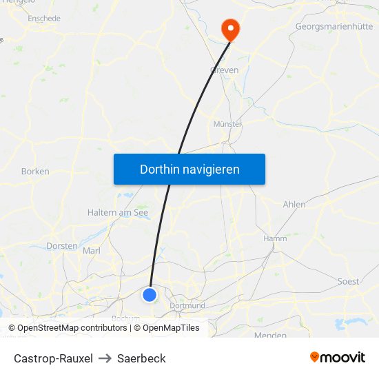 Castrop-Rauxel to Saerbeck map