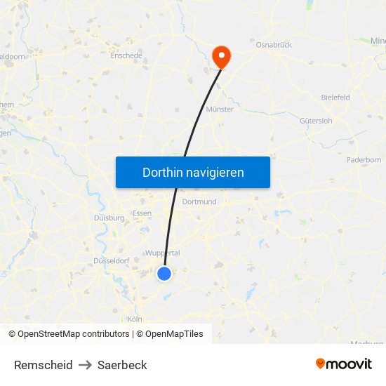 Remscheid to Saerbeck map