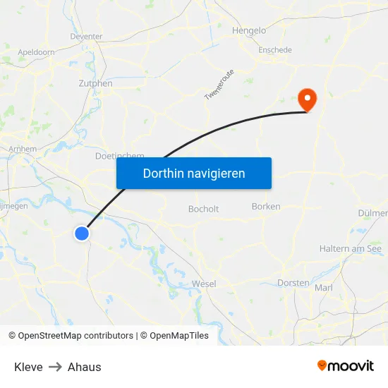 Kleve to Ahaus map