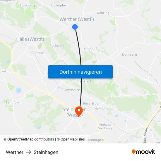 Werther to Steinhagen map