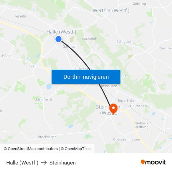 Halle (Westf.) to Steinhagen map